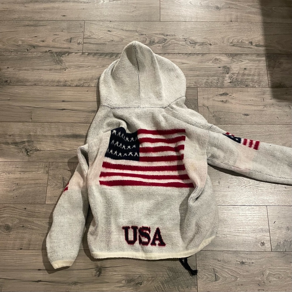 Ruminahui Wool Ecuador Zipper Sweater Mens XL White USA Flag Patriotic Hooded